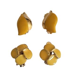 Vintage Yellow Enamel and Gold Clip On Earrings Set‎ of 2